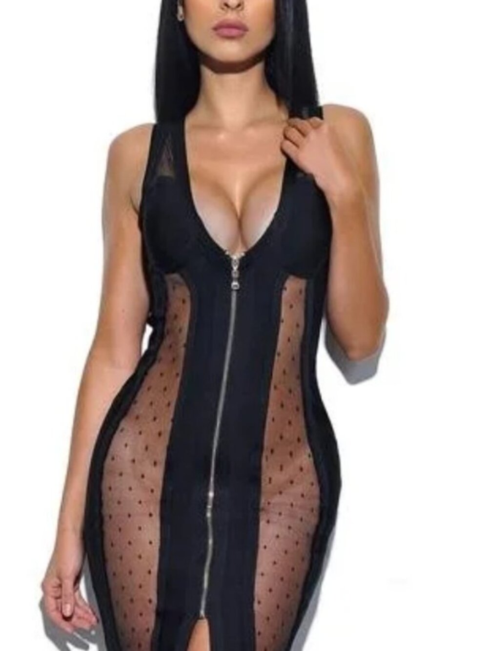 Black Mesh Panel Bodycon Dress Size S Zip Front - Picture 9 of 10